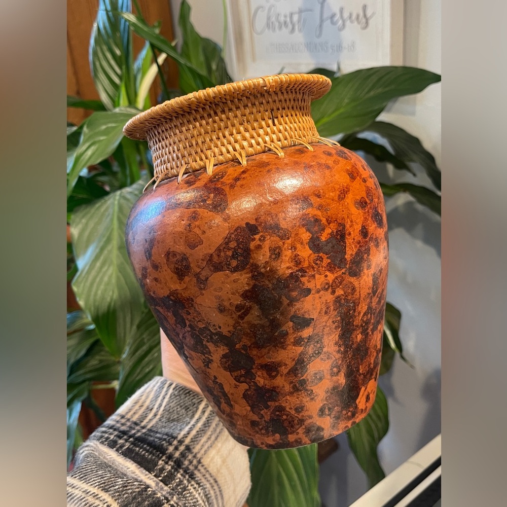 Vintage Hand Made Tribal Vase Jug With Woven Straw Grass Top